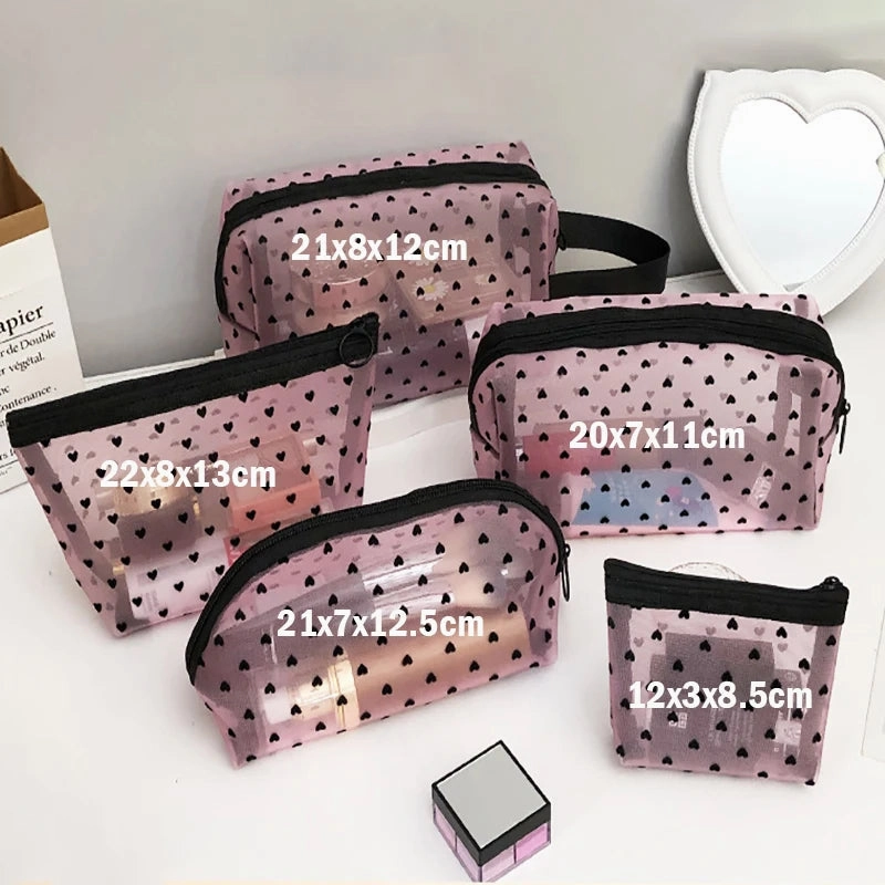 Heart Transparent Mesh Makeup Bag Portable Cosmetic Pouch