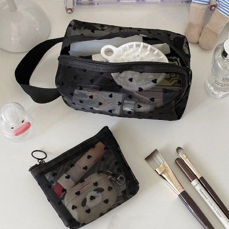 Heart Transparent Mesh Makeup Bag Portable Cosmetic Pouch