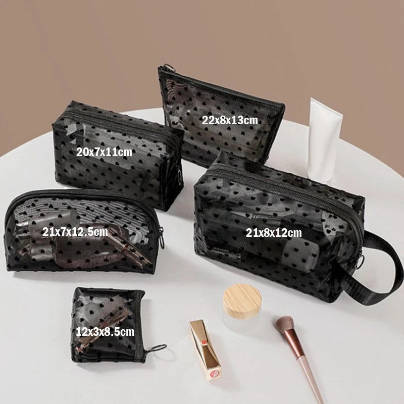 Heart Transparent Mesh Makeup Bag Portable Cosmetic Pouch