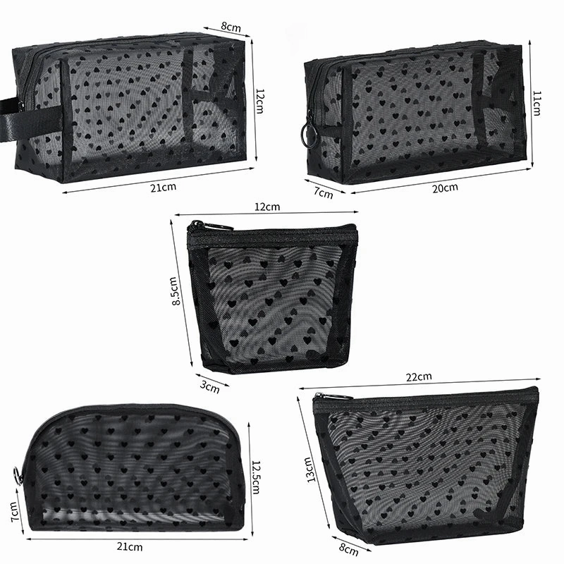 Heart Transparent Mesh Makeup Bag Portable Cosmetic Pouch