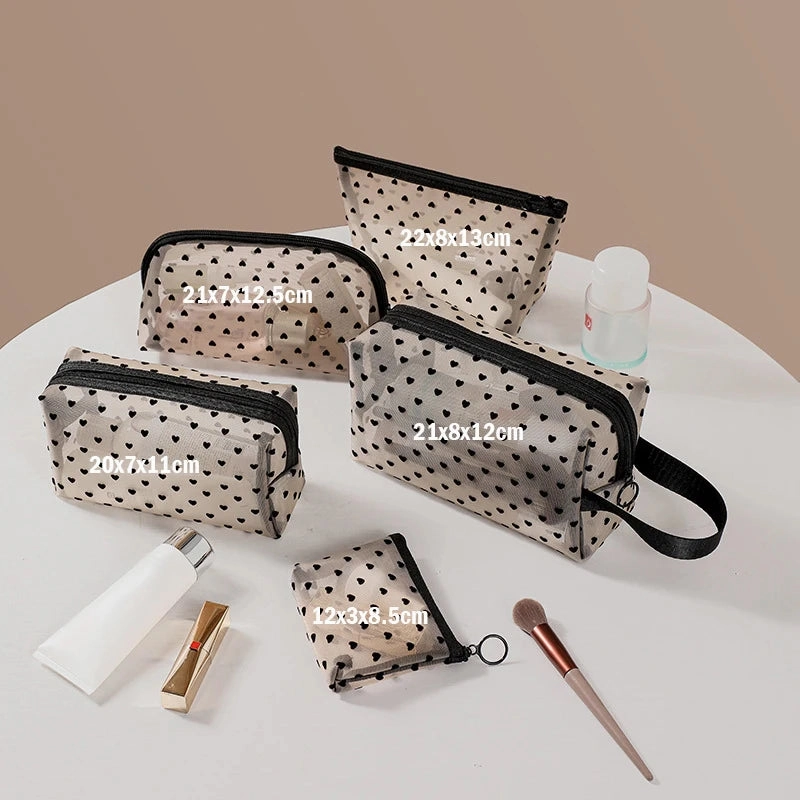 Heart Transparent Mesh Makeup Bag Portable Cosmetic Pouch