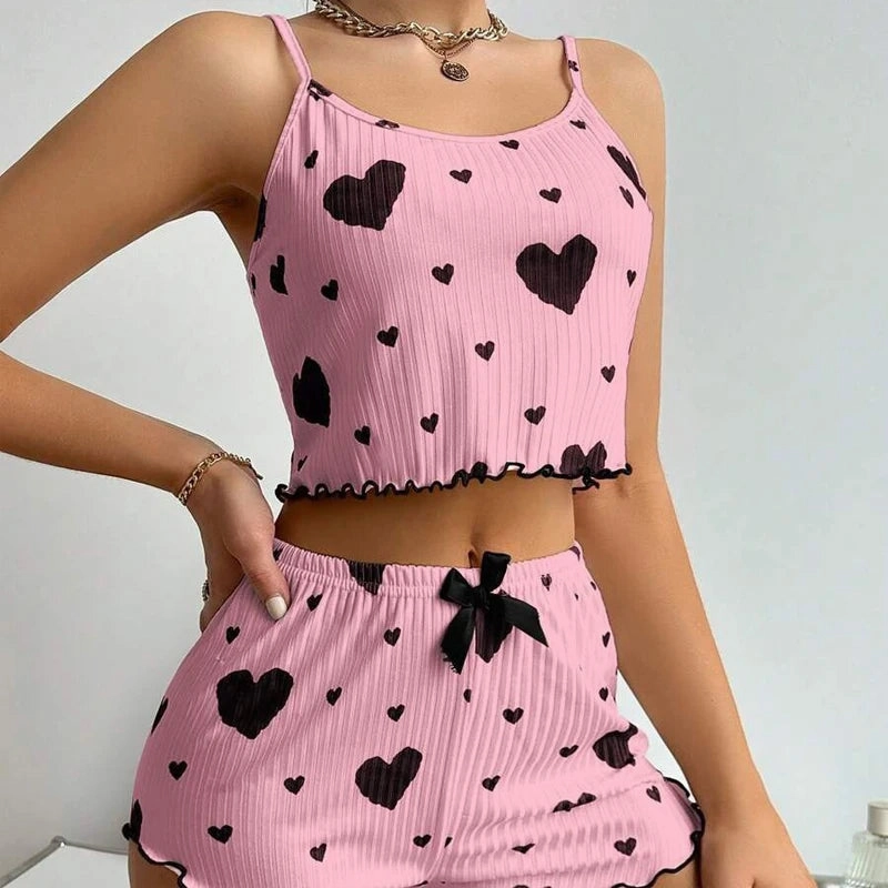 Heart Women Pajamas Set Shorts Sleepwear Love Print Top