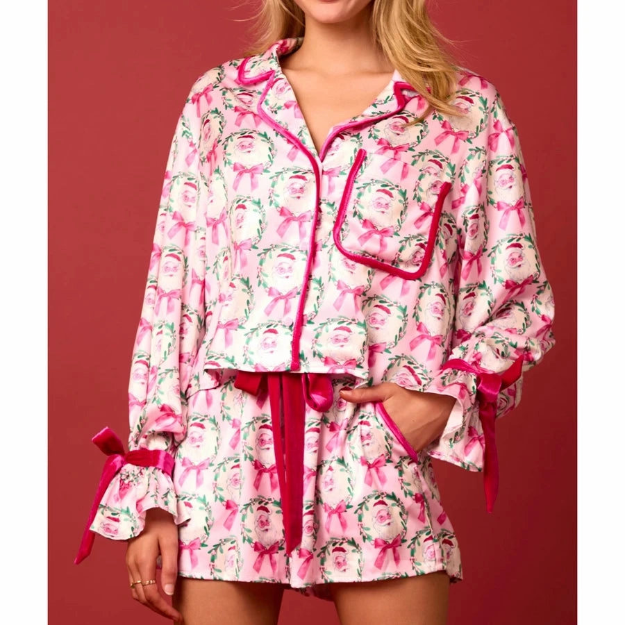 HEZIOWYUN Women's Christmas Pajama Set Long Sleeve Tops & Shorts Loungewear Outfit with Santa Tree Print for Cozy Holiday Nights