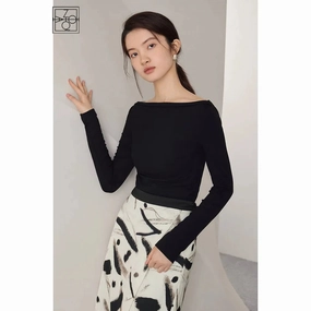 High Elasticity Word Collar Slim Fit T-shirt for Women