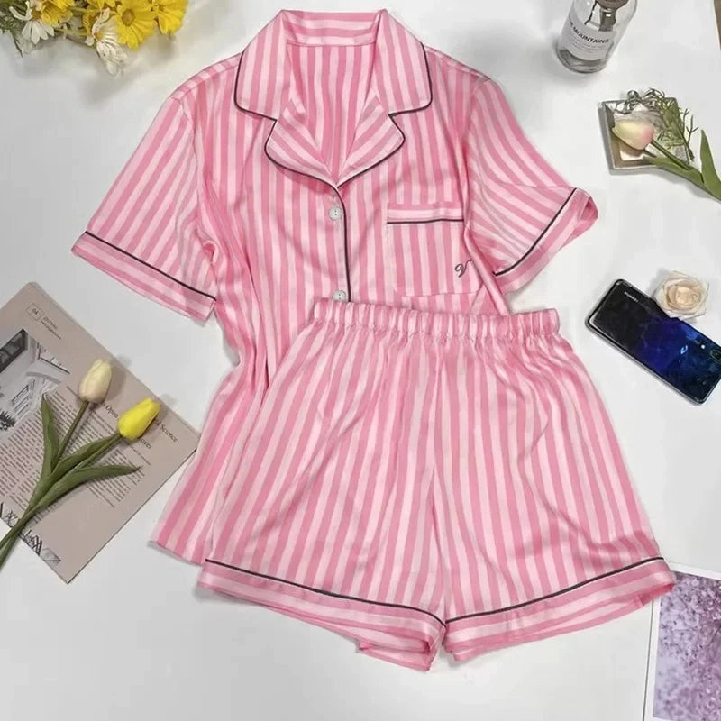 High-Grade Striped Short-Sleeved Pajamas Set for Women Summer Nightwear