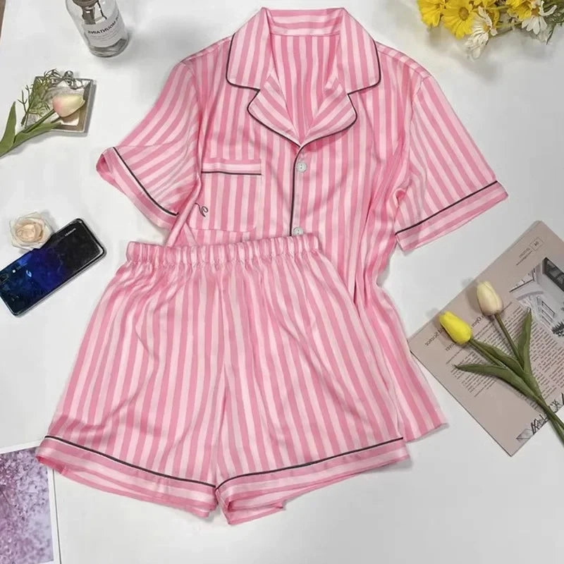 High-Grade Striped Short-Sleeved Pajamas Set for Women Summer Nightwear