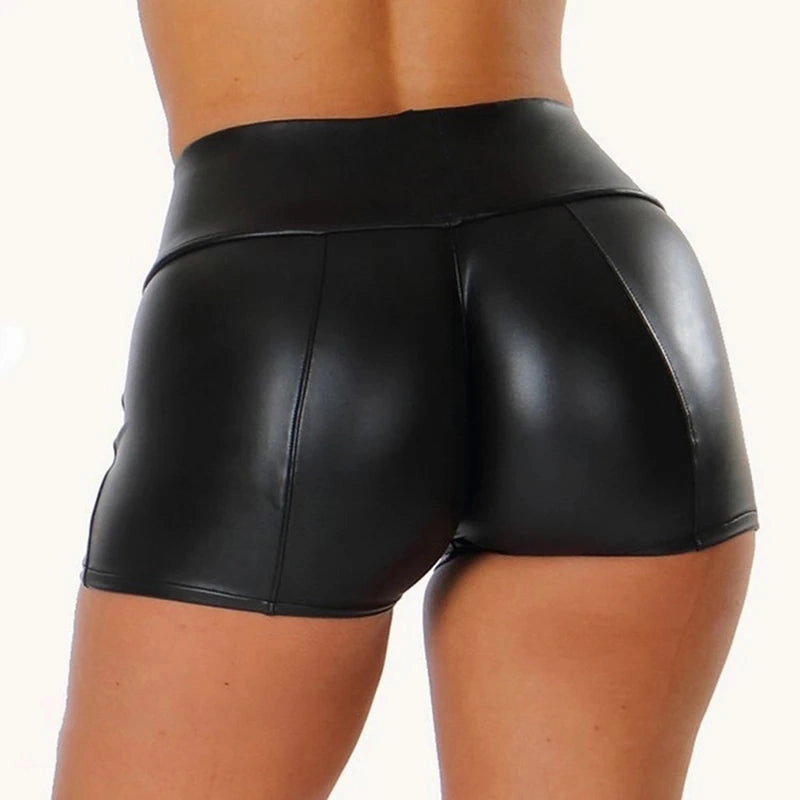 High Waist Black Leather Shorts Women Bodycon Push Up Sports Fitness Slim Joggers