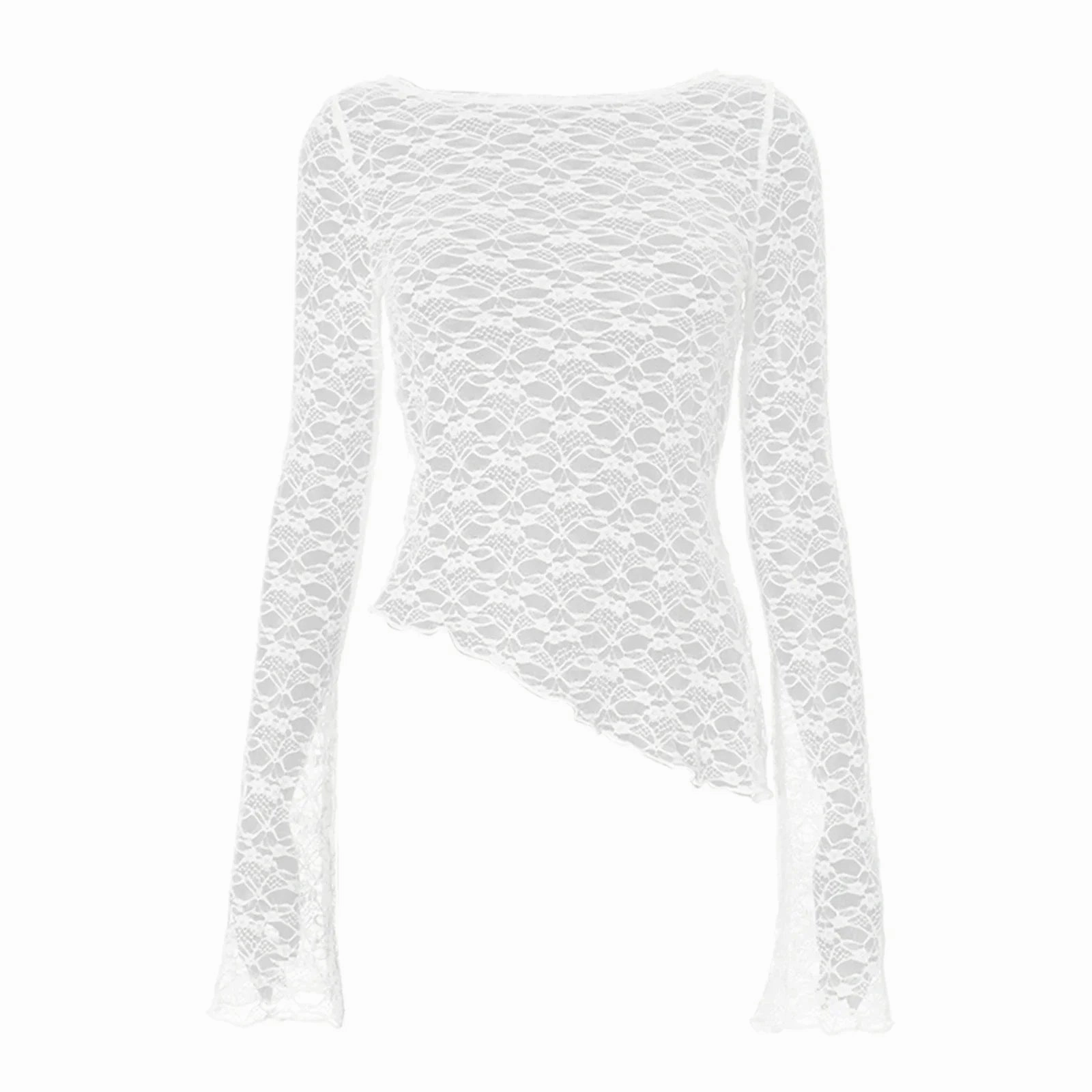 hirigin Sexy Lace Long Sleeve T Shirts Fashion Women Knitted Perspective Autumn Tees Tops Clothes Streetwear Y2K Slim T-Shirt