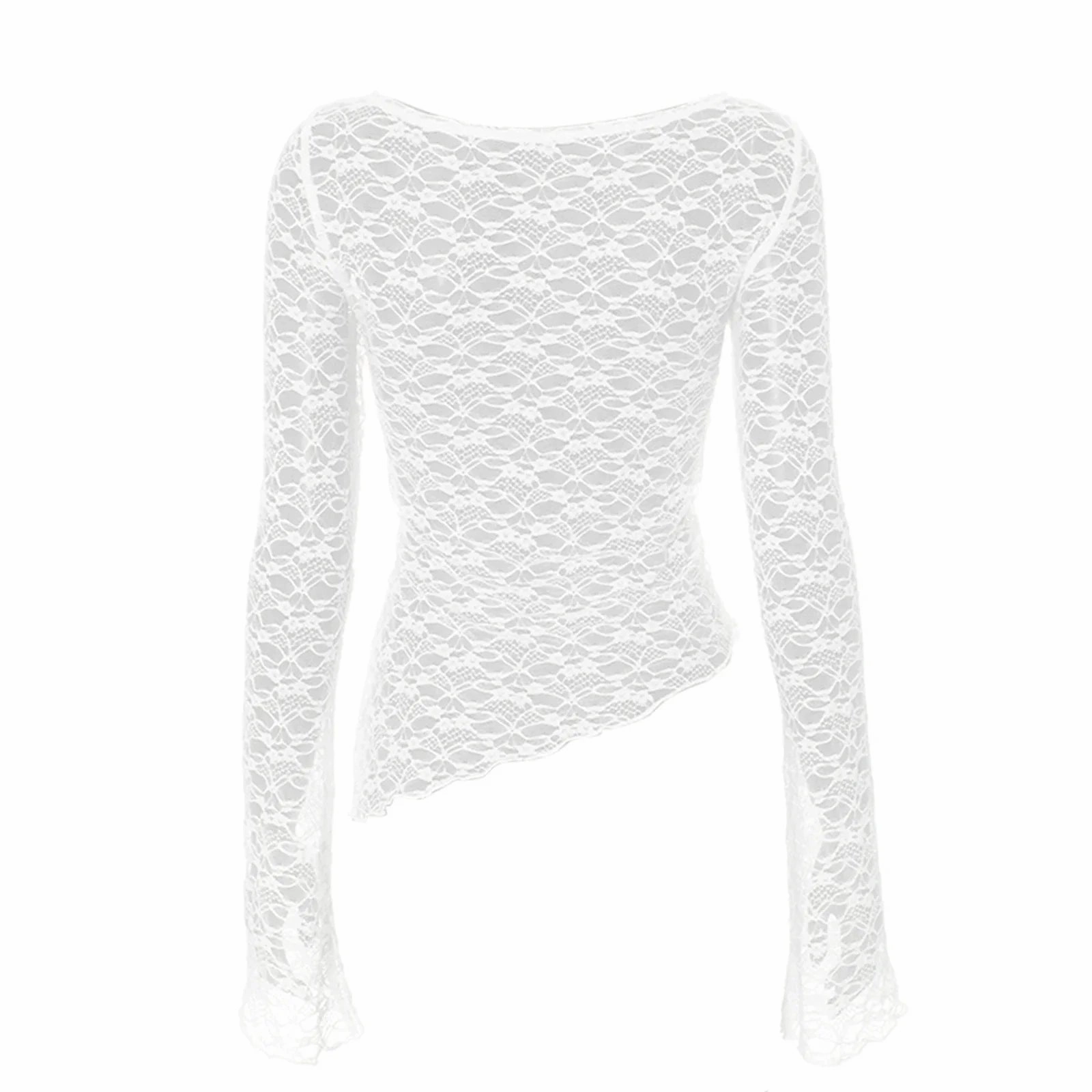 hirigin Sexy Lace Long Sleeve T Shirts Fashion Women Knitted Perspective Autumn Tees Tops Clothes Streetwear Y2K Slim T-Shirt