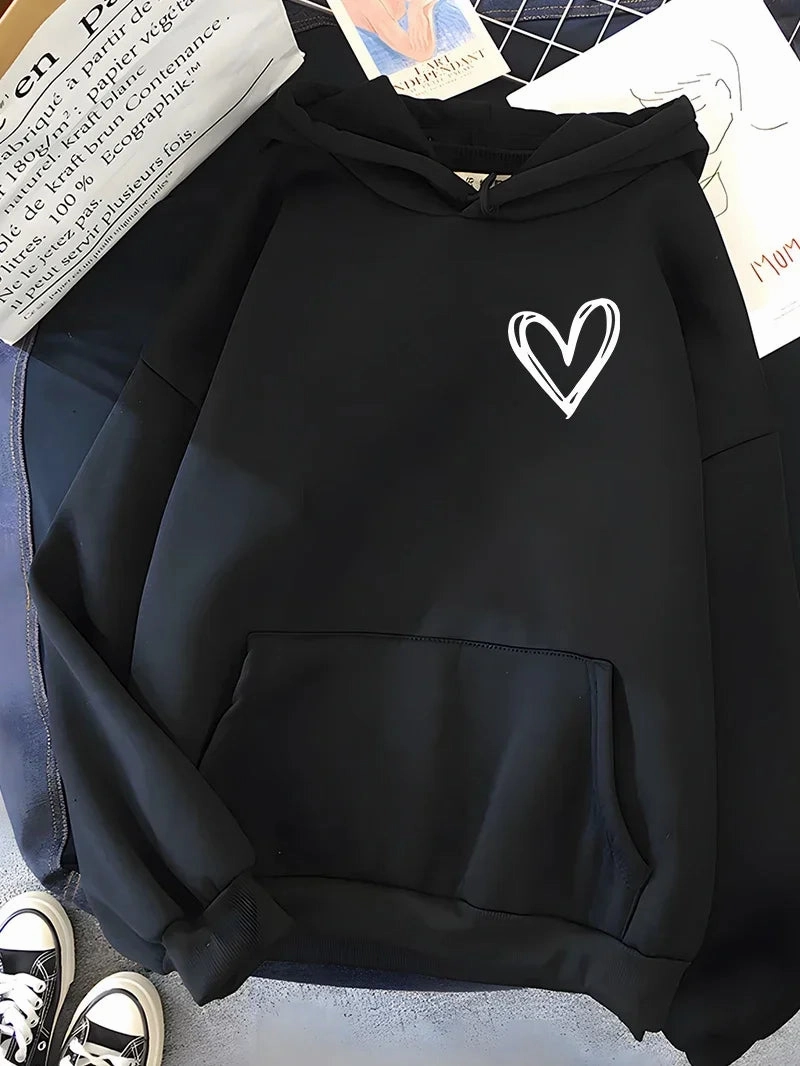 Hirsionsan Simplic Heart Print Women Sweatshirt Casual Hoodie for Winter Warmth