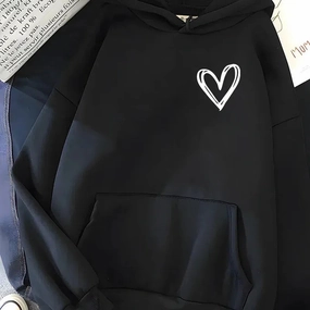 Hirsionsan Simplic Heart Print Women Sweatshirt Casual Hoodie for Winter Warmth