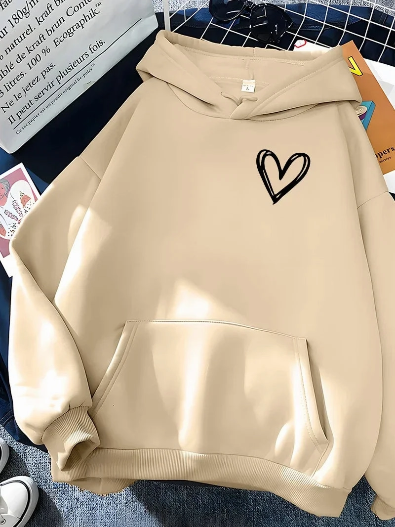 Hirsionsan Simplic Heart Print Women Sweatshirt Casual Hoodie for Winter Warmth