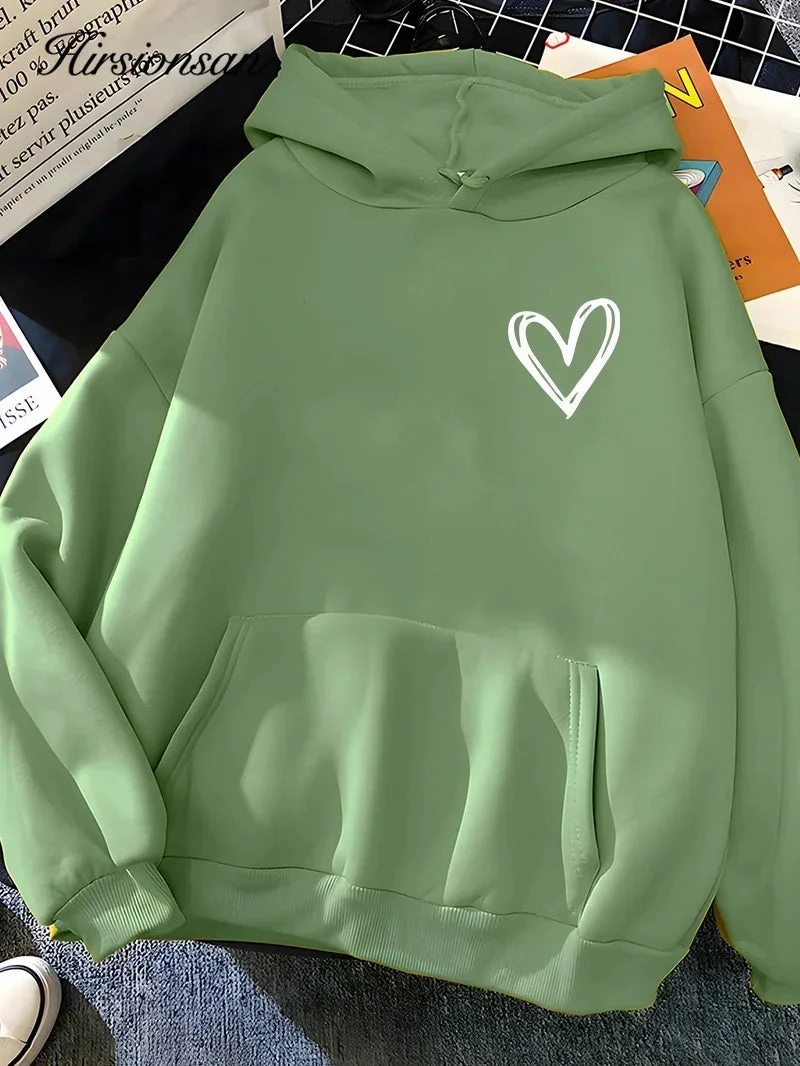 Hirsionsan Simplic Heart Print Women Sweatshirt Casual Hoodie for Winter Warmth