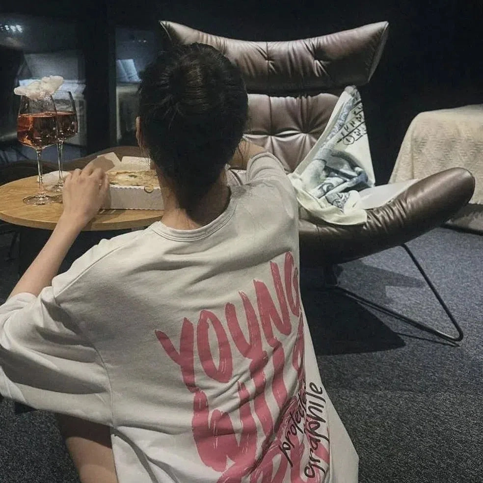 Hirsionsan Vintage Letter V Printed T Shirt Women Summer Soft Cotton Oversized Gothic Tee