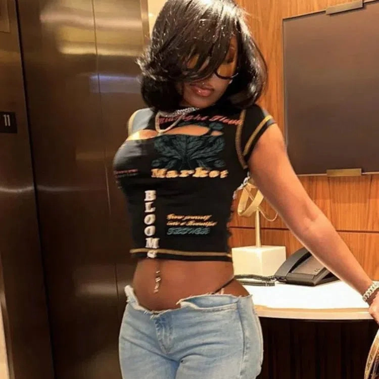Hollow Out Crop Top Women O-Neck Aesthetic Clothes Letter Printed Y2k Accessories Short Sleeve Roupas Femininas Estilosas Summer