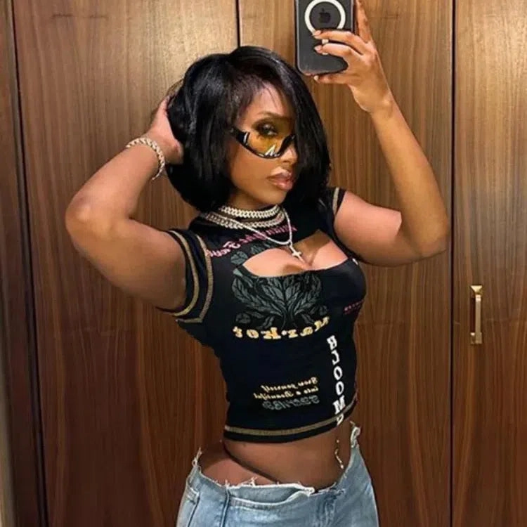 Hollow Out Crop Top Women O-Neck Aesthetic Clothes Letter Printed Y2k Accessories Short Sleeve Roupas Femininas Estilosas Summer