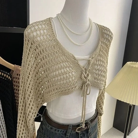 Hollow Out Short Style with Camisole Knitted Sweater for Women's Summer Loose Long Sleeved Sun Protection Cover Up Top