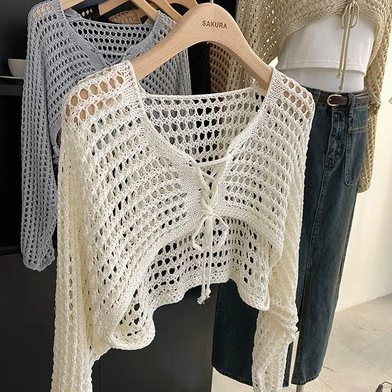 Hollow Out Short Style with Camisole Knitted Sweater for Women's Summer Loose Long Sleeved Sun Protection Cover Up Top