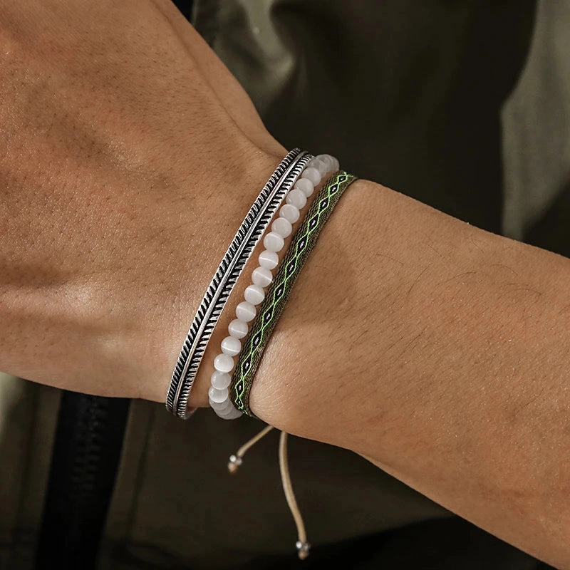 Hot Bohemian Cat's Eye Beads Bracelet Stackable C-Bangle Set