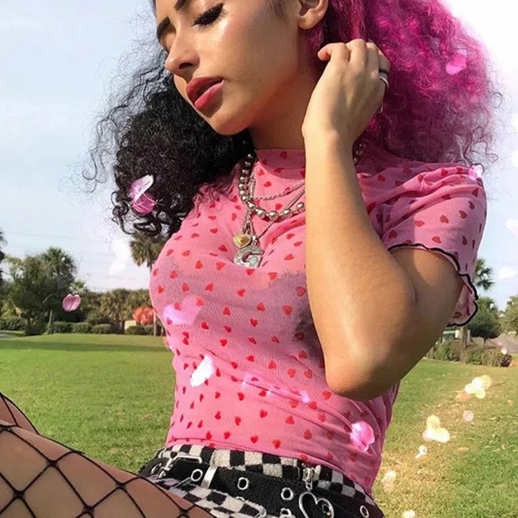 Hot Mesh Heart Turtleneck T Shirts Tops Women Transparent See Through White Black Elastic Skinny Crop Tops Stretchy New
