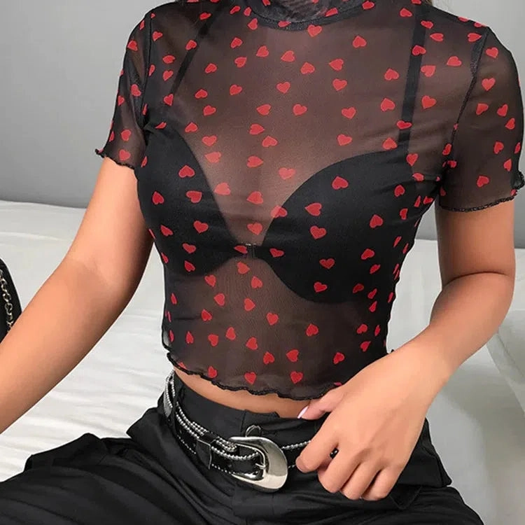 Hot Mesh Heart Turtleneck T Shirts Tops Women Transparent See Through White Black Elastic Skinny Crop Tops Stretchy New
