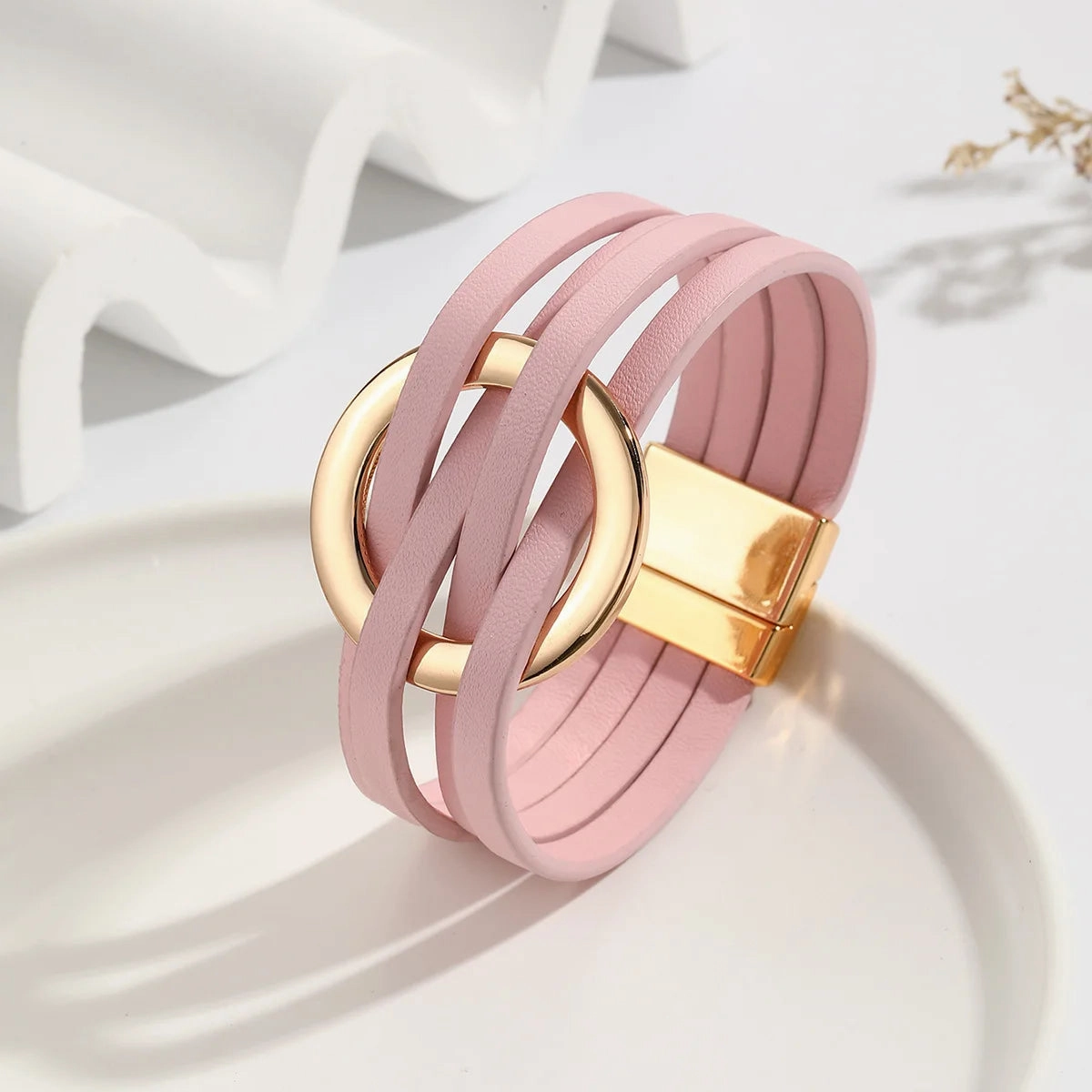 Hot Multi Layer Wide Leather Bracelet for Women Metal Circle Cuff Summer Fashion Accessory