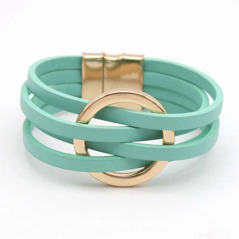 Hot Multi Layer Wide Leather Bracelet for Women Metal Circle Cuff Summer Fashion Accessory
