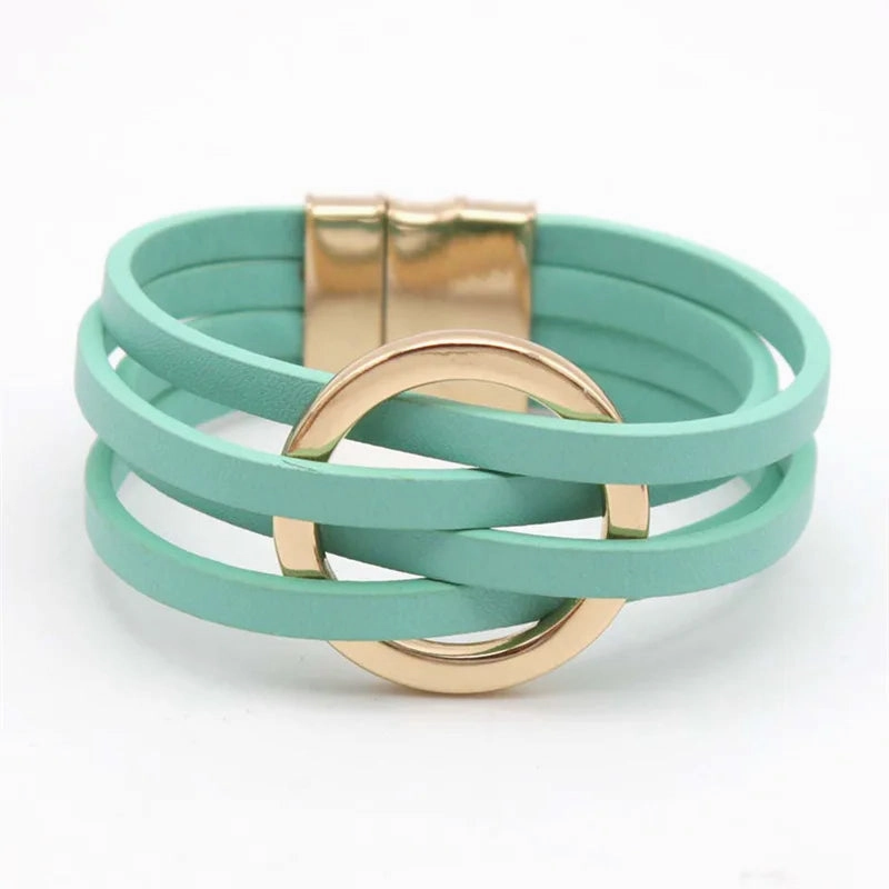 Hot Multi Layer Wide Leather Bracelet for Women Metal Circle Cuff Summer Fashion Accessory
