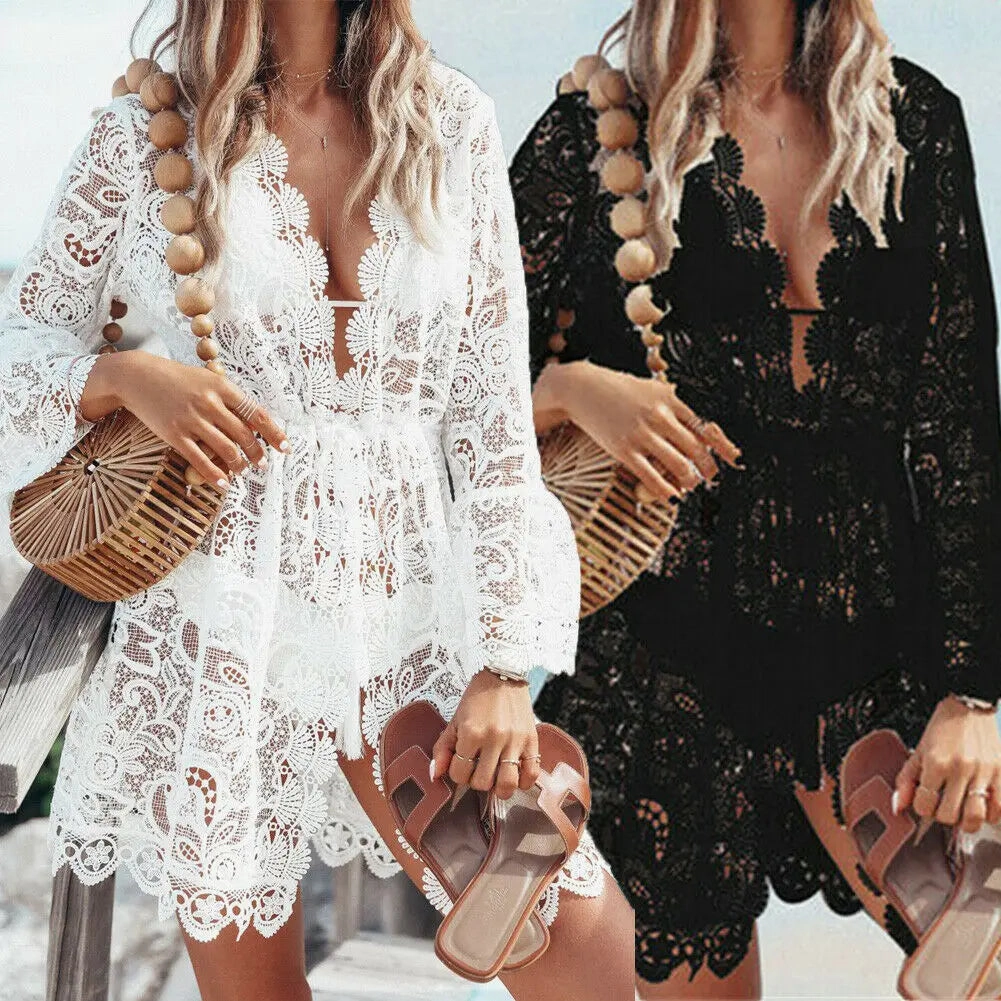 Hot Sale Women Sexy V-neck Lace Beach Cover Up Dress