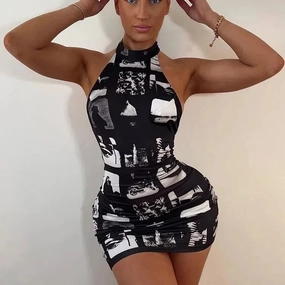 Hugcitar Vintage Print Halter Sleeveless Bodycon Mini Dress