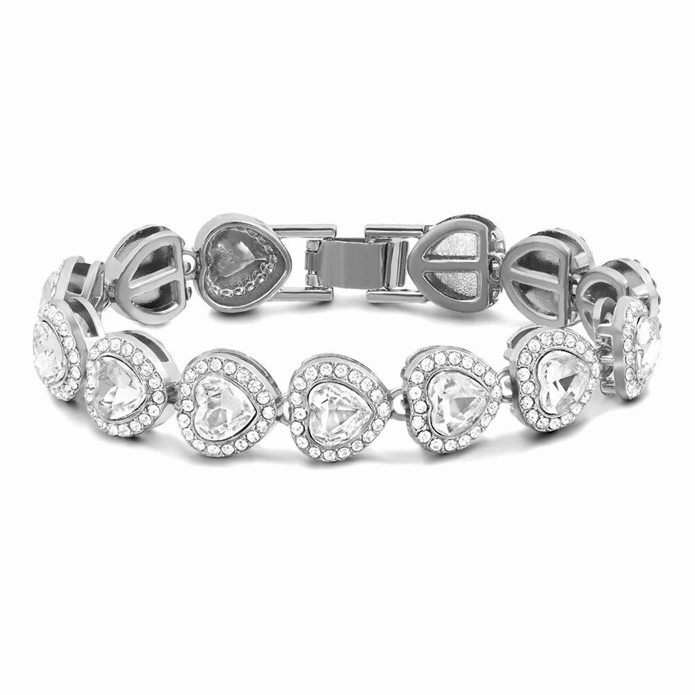 Iced Out Crystal Heart Tennis Miami Cuban Link Chain Bracelet