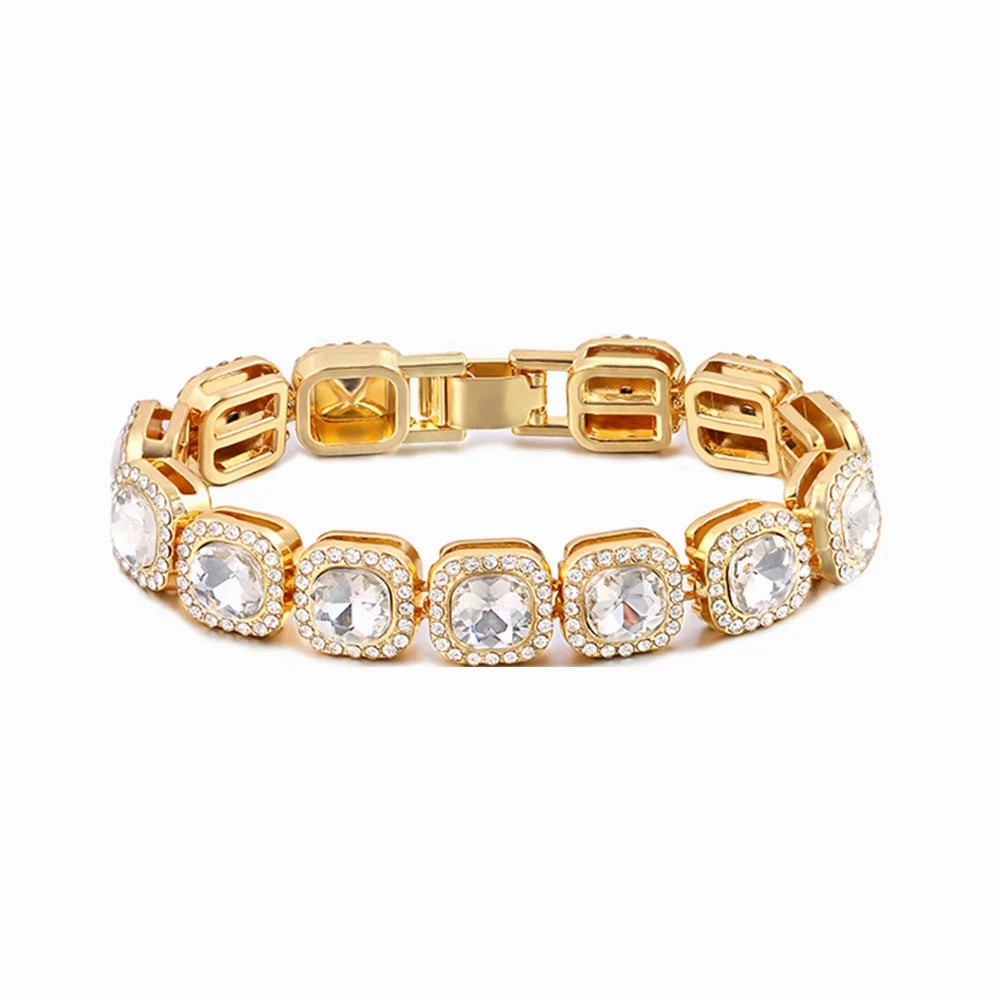 Iced Out Crystal Heart Tennis Miami Cuban Link Chain Bracelet