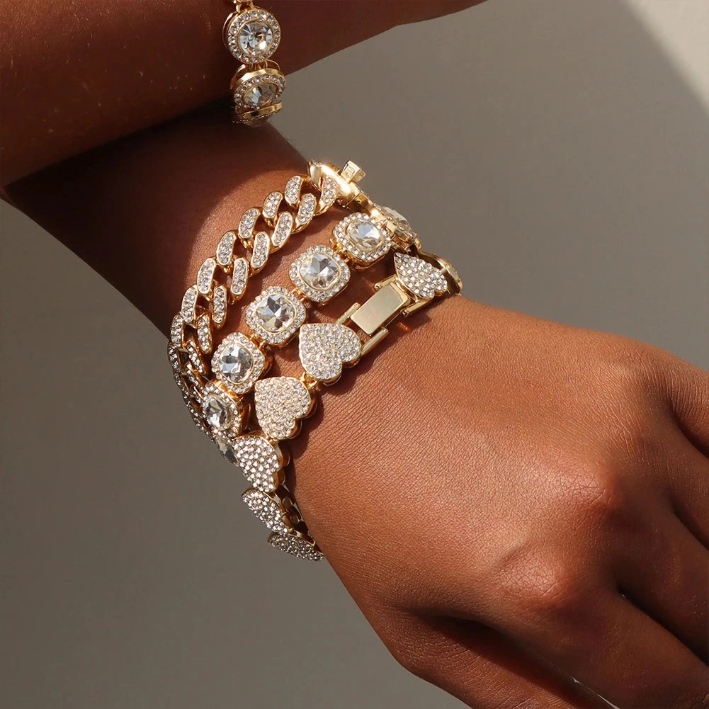 Iced Out Crystal Heart Tennis Miami Cuban Link Chain Bracelet