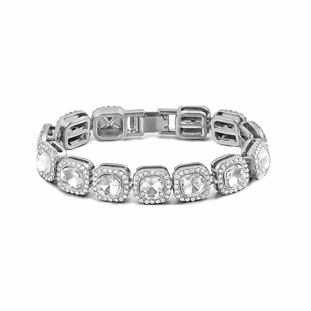 Iced Out Crystal Heart Tennis Miami Cuban Link Chain Bracelet
