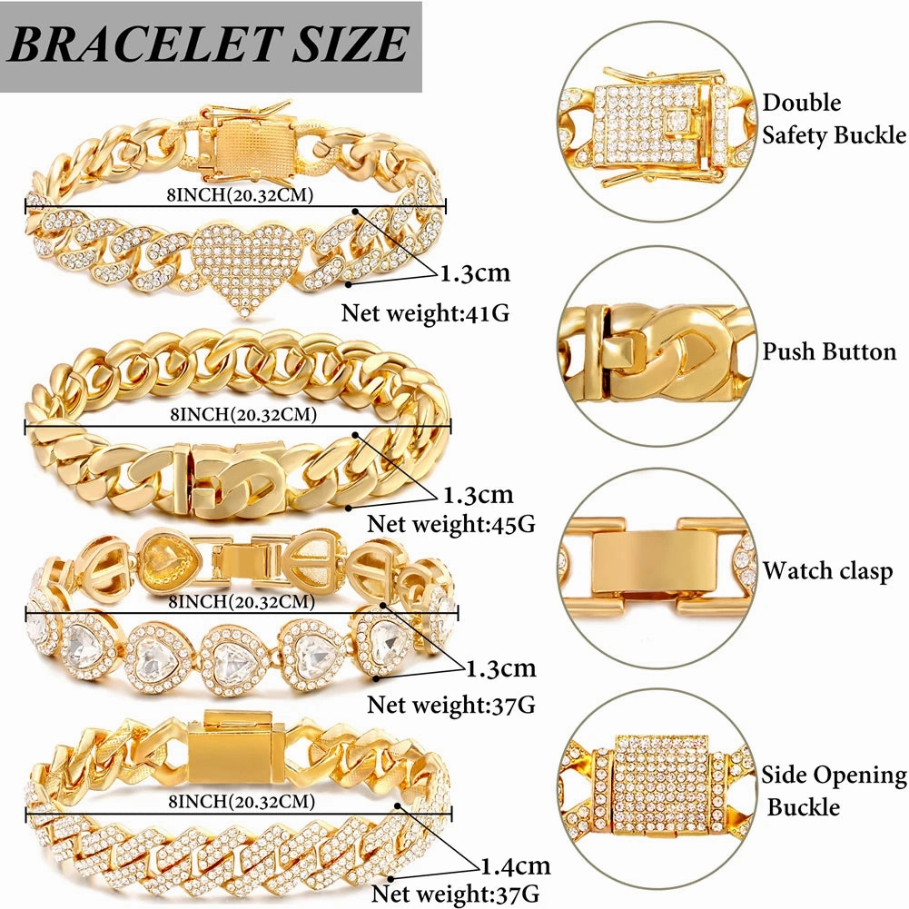 Iced Out Crystal Heart Tennis Miami Cuban Link Chain Bracelet