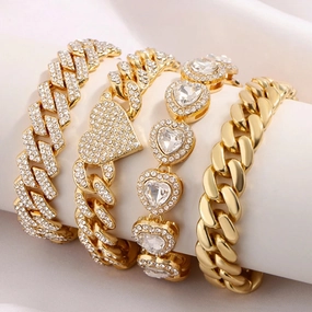 Iced Out Crystal Heart Tennis Miami Cuban Link Chain Bracelet