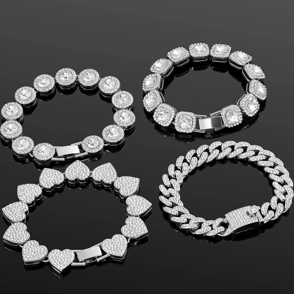 Iced Out Crystal Heart Tennis Miami Cuban Link Chain Bracelet