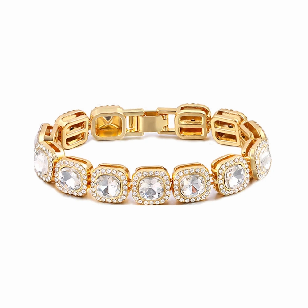 Iced Out Crystal Heart Tennis Miami Cuban Link Chain Bracelet
