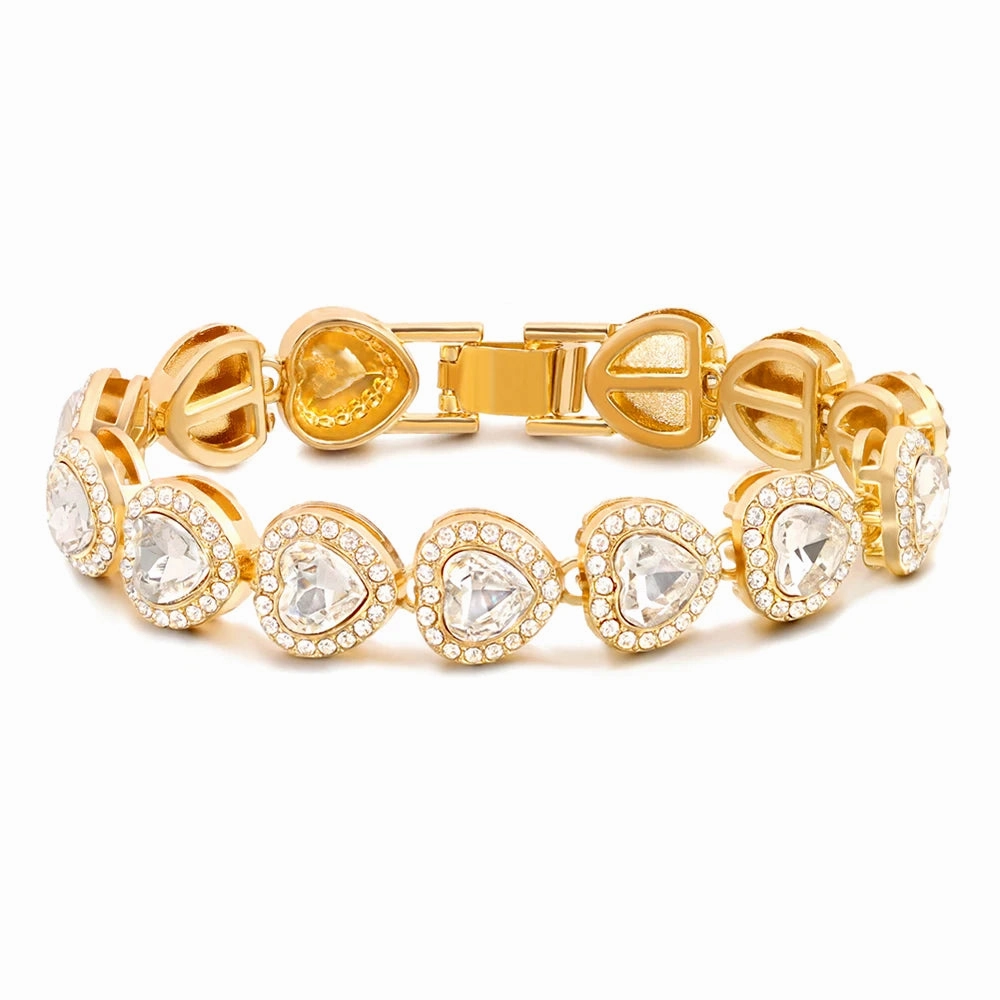 Iced Out Crystal Heart Tennis Miami Cuban Link Chain Bracelet