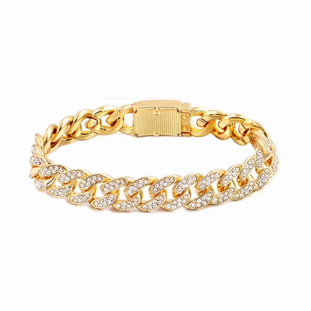 Iced Out Crystal Heart Tennis Miami Cuban Link Chain Bracelet