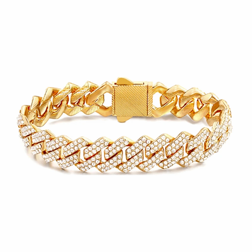 Iced Out Crystal Heart Tennis Miami Cuban Link Chain Bracelet