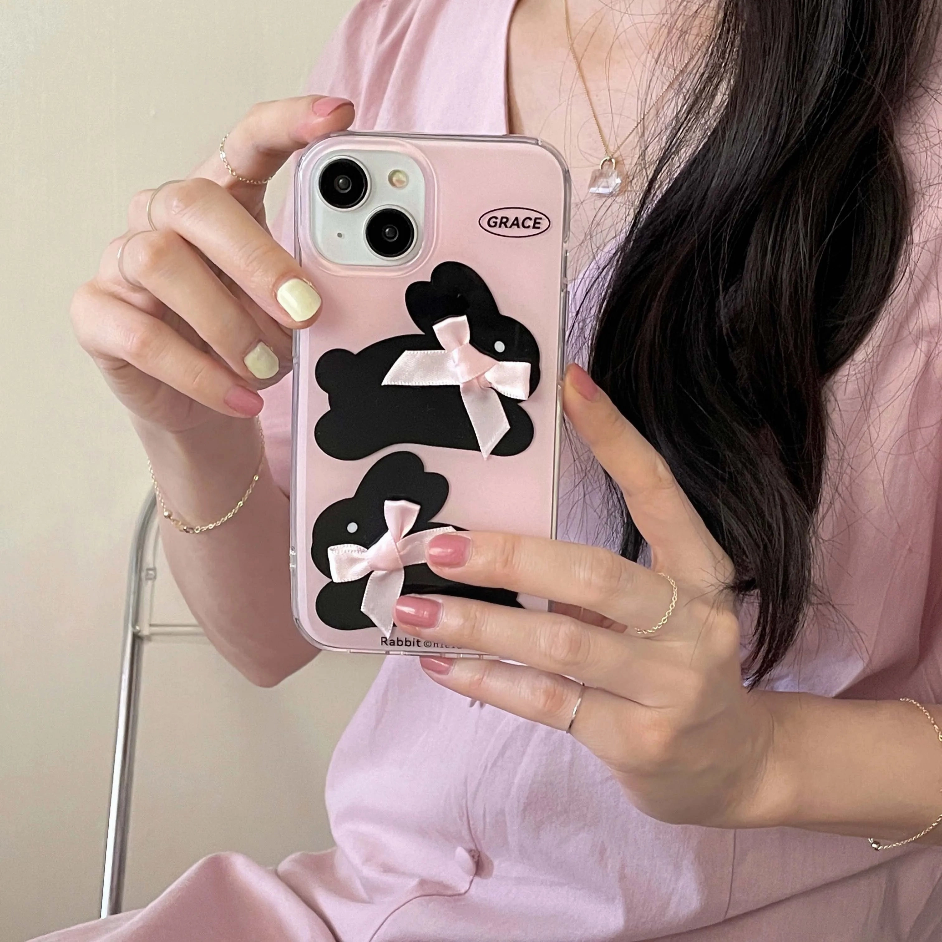 Ins Pink IMD Rabbit Black Bunny Phone Case Shockproof Cover