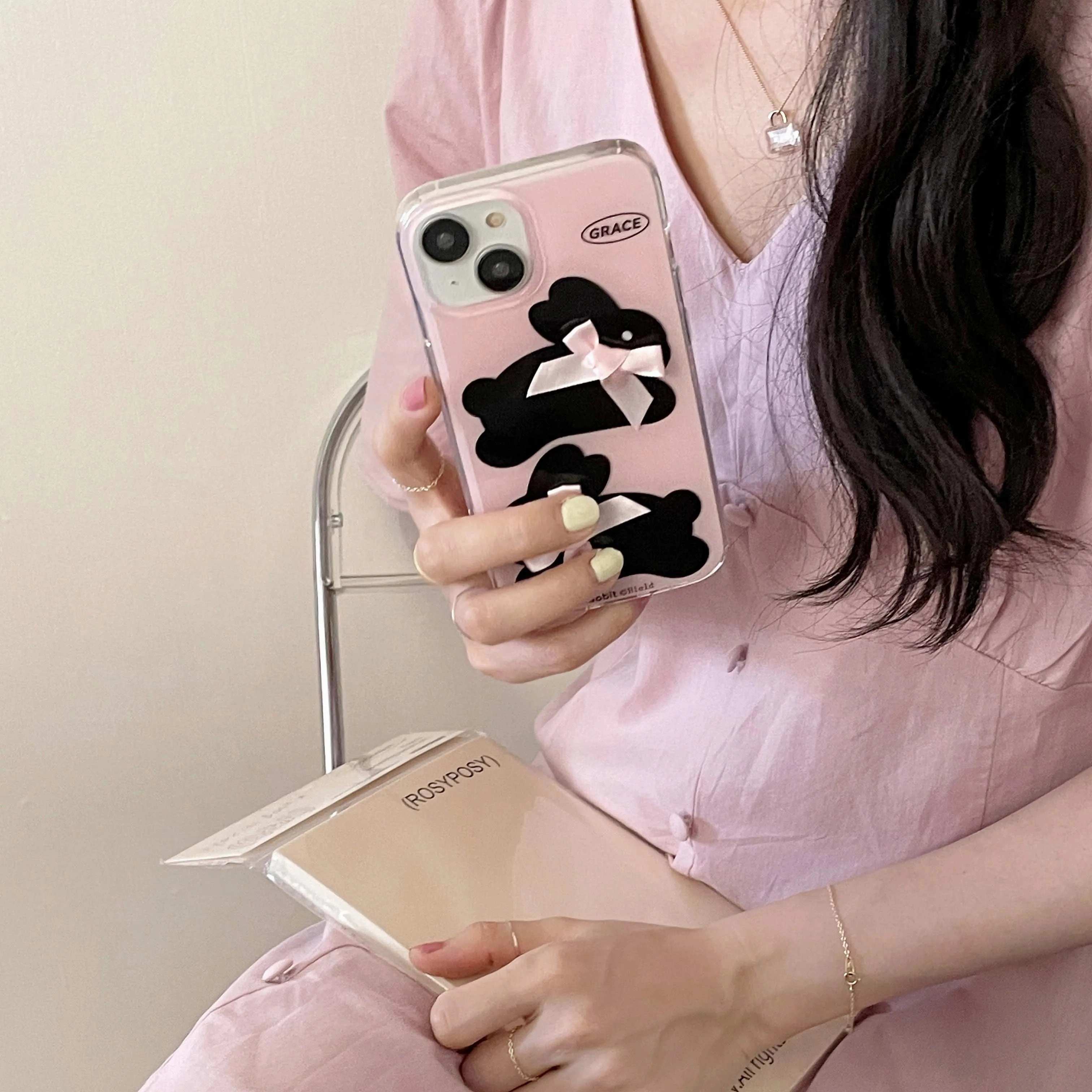 Ins Pink IMD Rabbit Black Bunny Phone Case Shockproof Cover