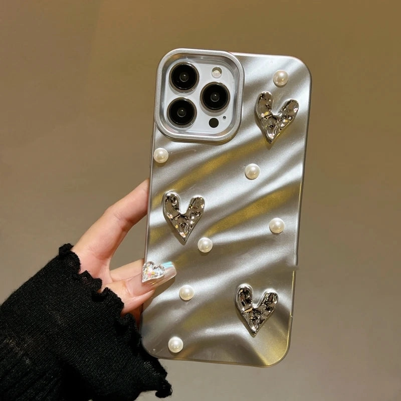 Ins Silk Pattern Love Heart Pearl Wavy Phone Case Soft Cover