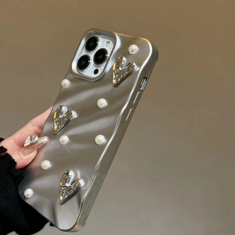 Ins Silk Pattern Love Heart Pearl Wavy Phone Case Soft Cover