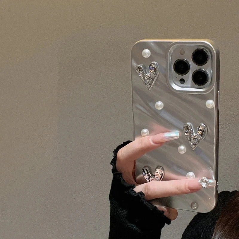 Ins Silk Pattern Love Heart Pearl Wavy Phone Case Soft Cover