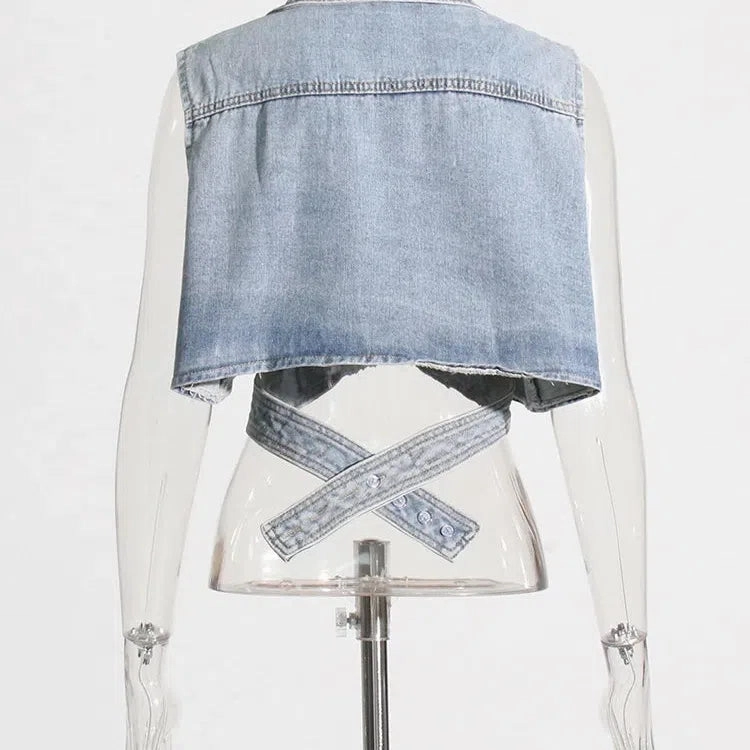 Irregular Cross Denim Coat For Women High Waist Hollow Out Casual Summer Top