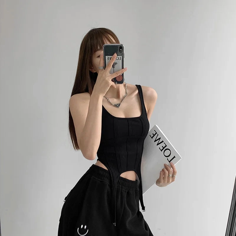 Irregular Hooked Bottom Sleeveless Square Neck Vest for Women - Sexy Safari Style Tank Top with High Stretch Fabric