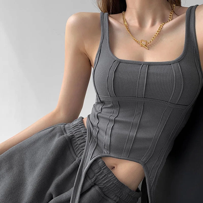 Irregular Hooked Bottom Sleeveless Square Neck Vest for Women - Sexy Safari Style Tank Top with High Stretch Fabric