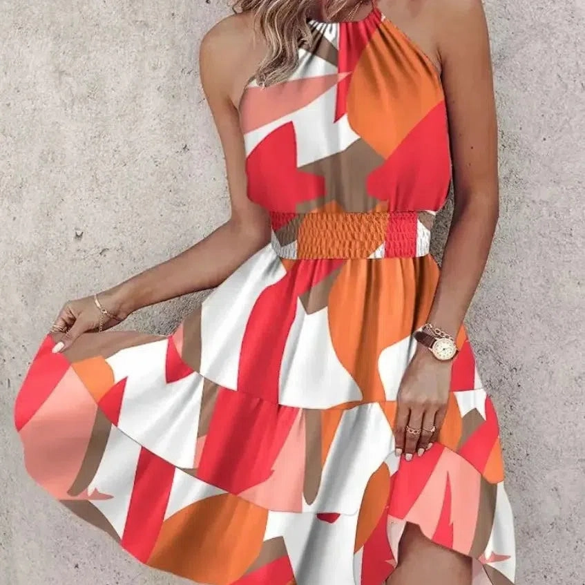 Irregular Printed Vest Backless Dress Women Summer Sexy Mini
